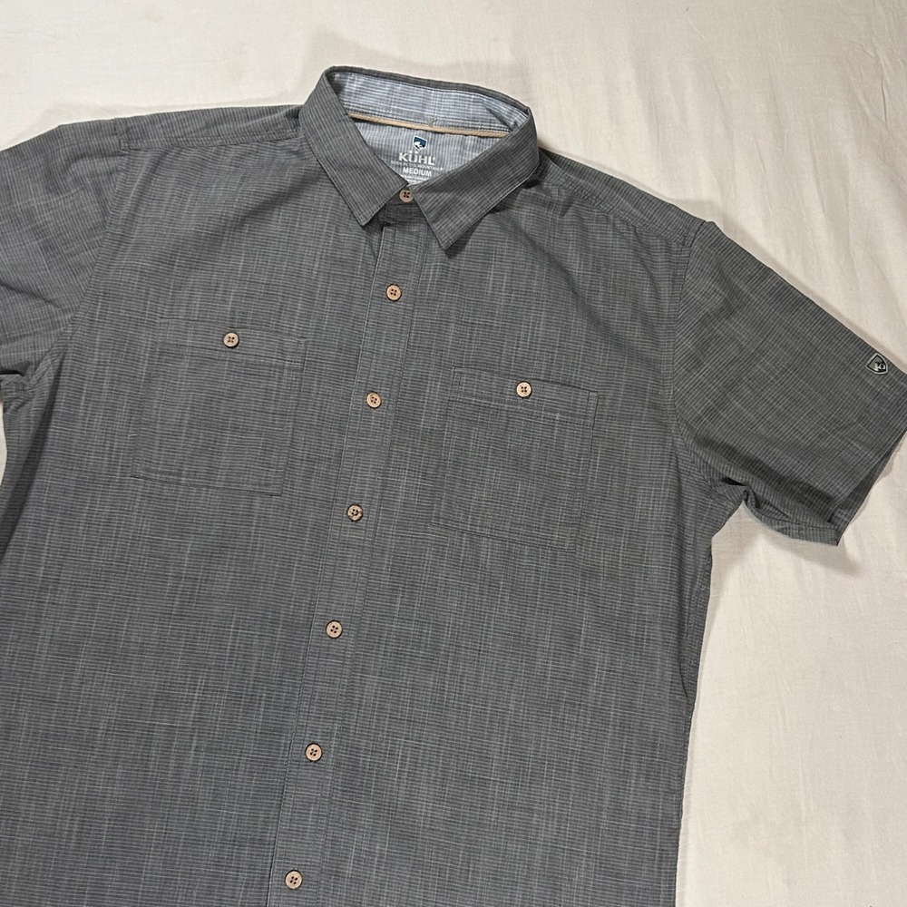 Kuhl Karib Shirt Mens M Gray Short‎ Sleeve Button Down Shirt Textured Crosshatch